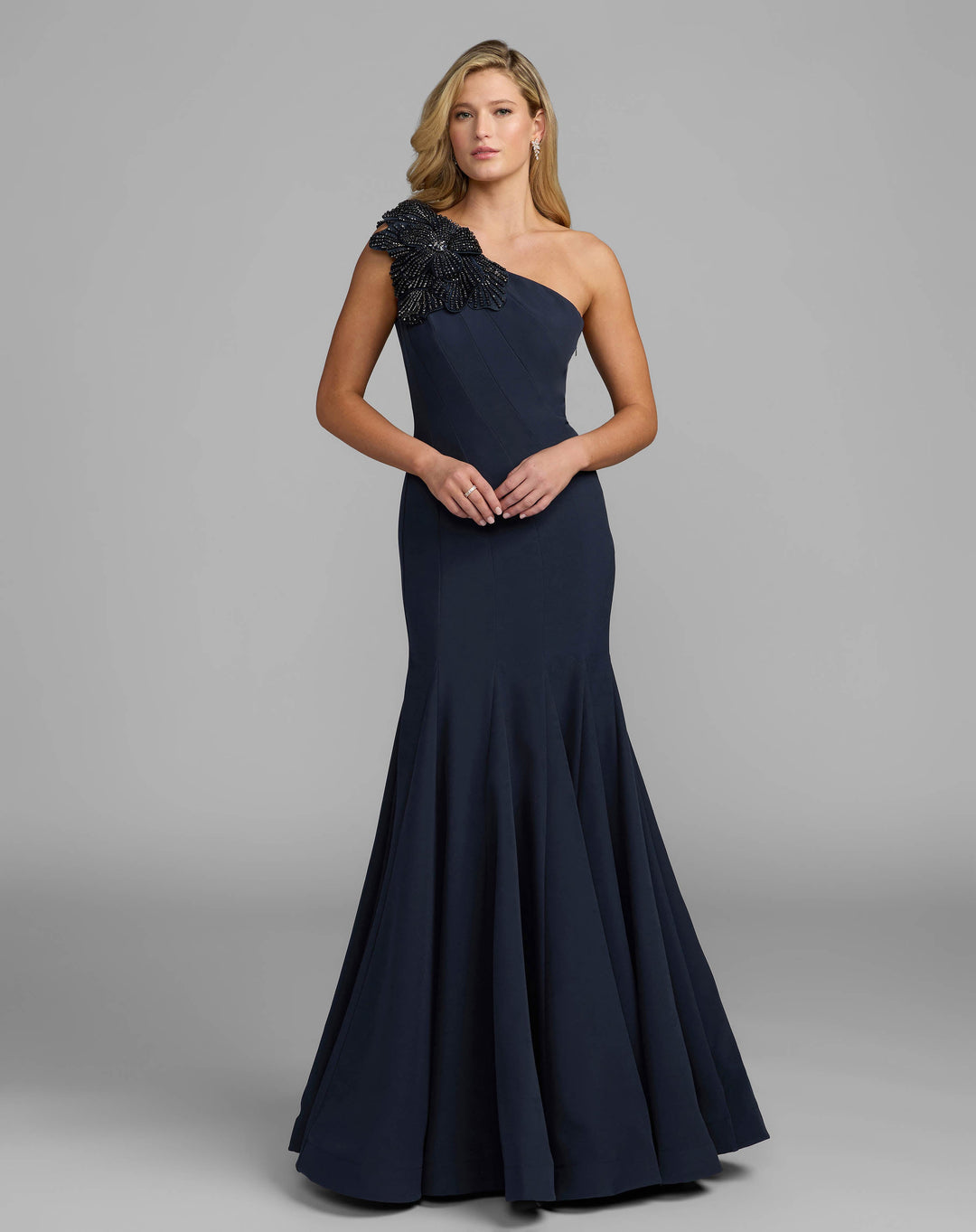 Mac Duggal 11810 Crepe One Shoulder Gown With Crystal Flower