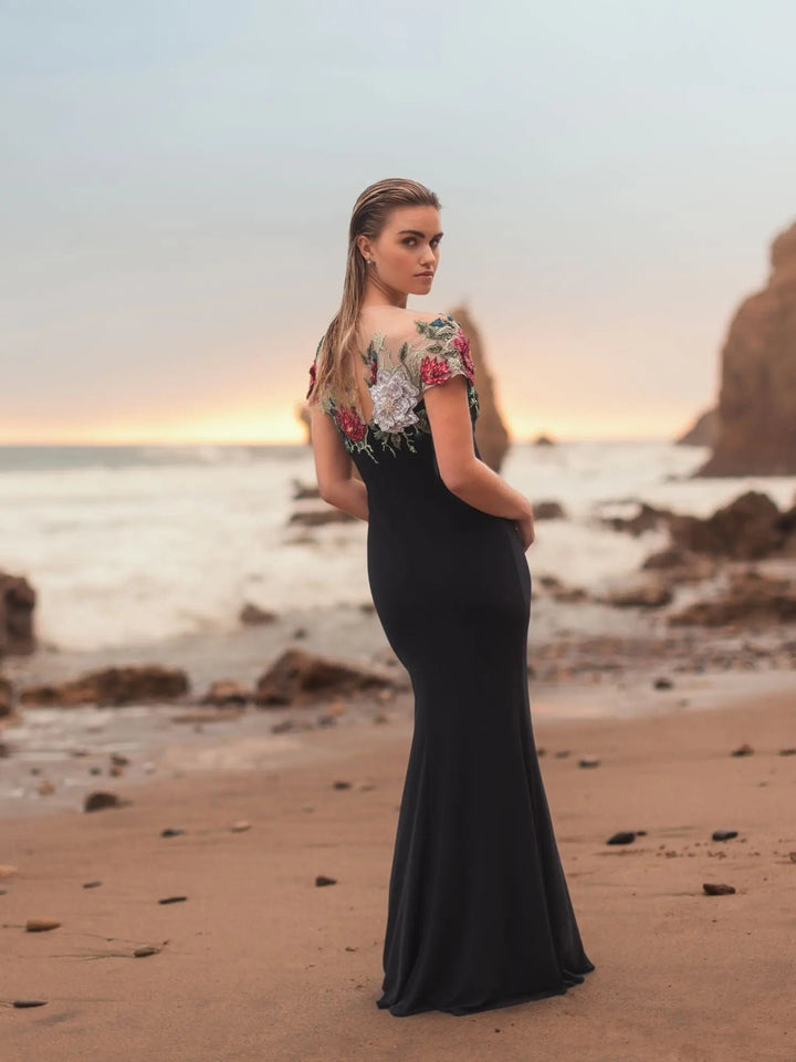Black Floral Embellished Jersey Column Gown - FOSTANI.com