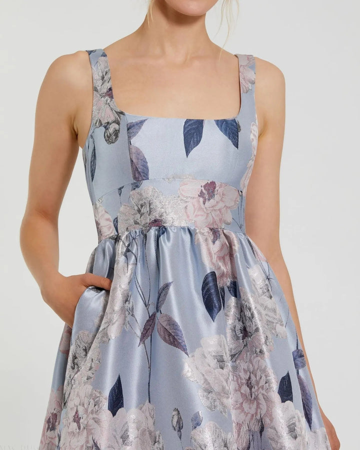 Mac Duggal 11826 Blue Floral Printed Satin Gown with Pockets