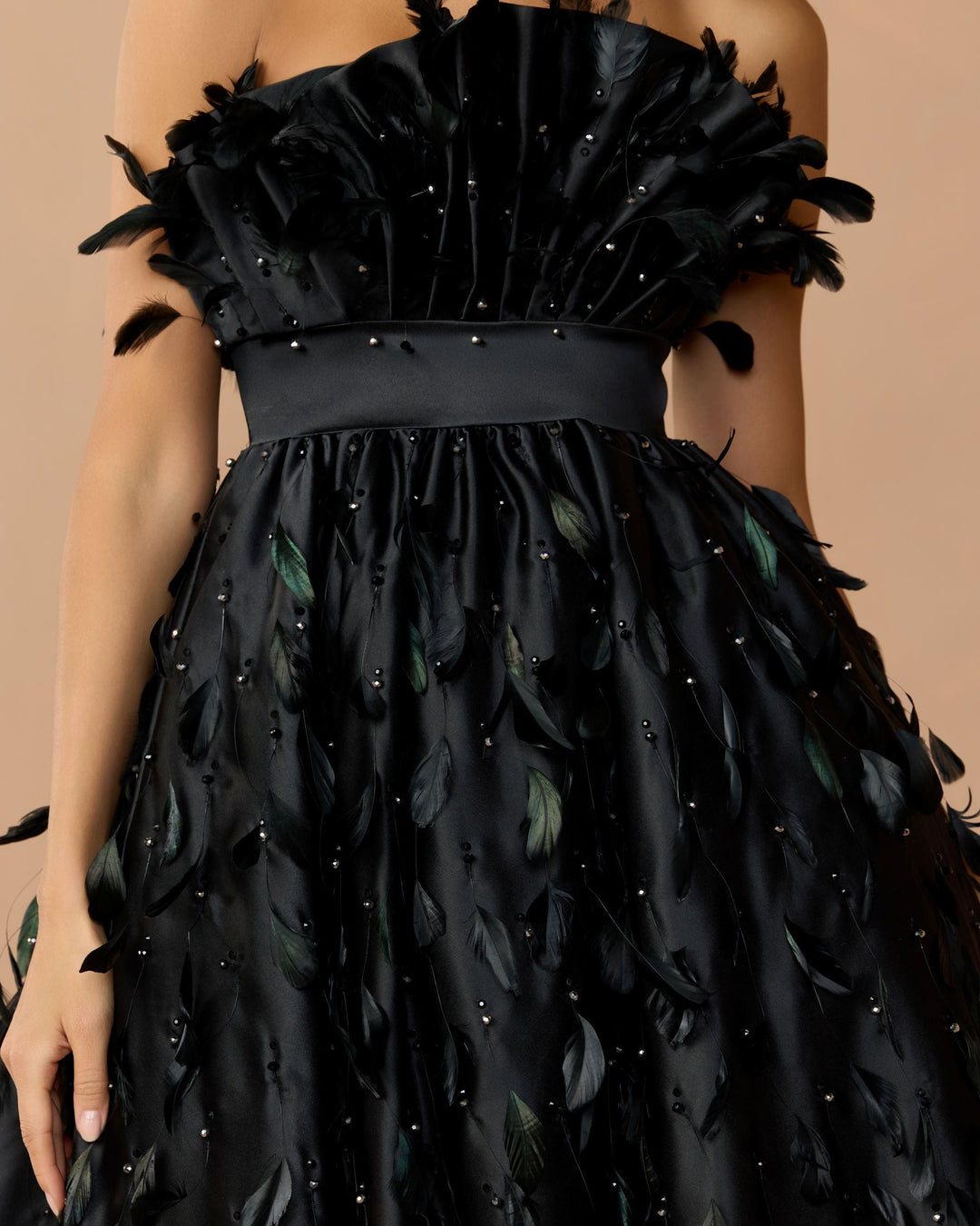 Mac Duggal 11835 Strapless Feather Embellished High Low Satin Gown