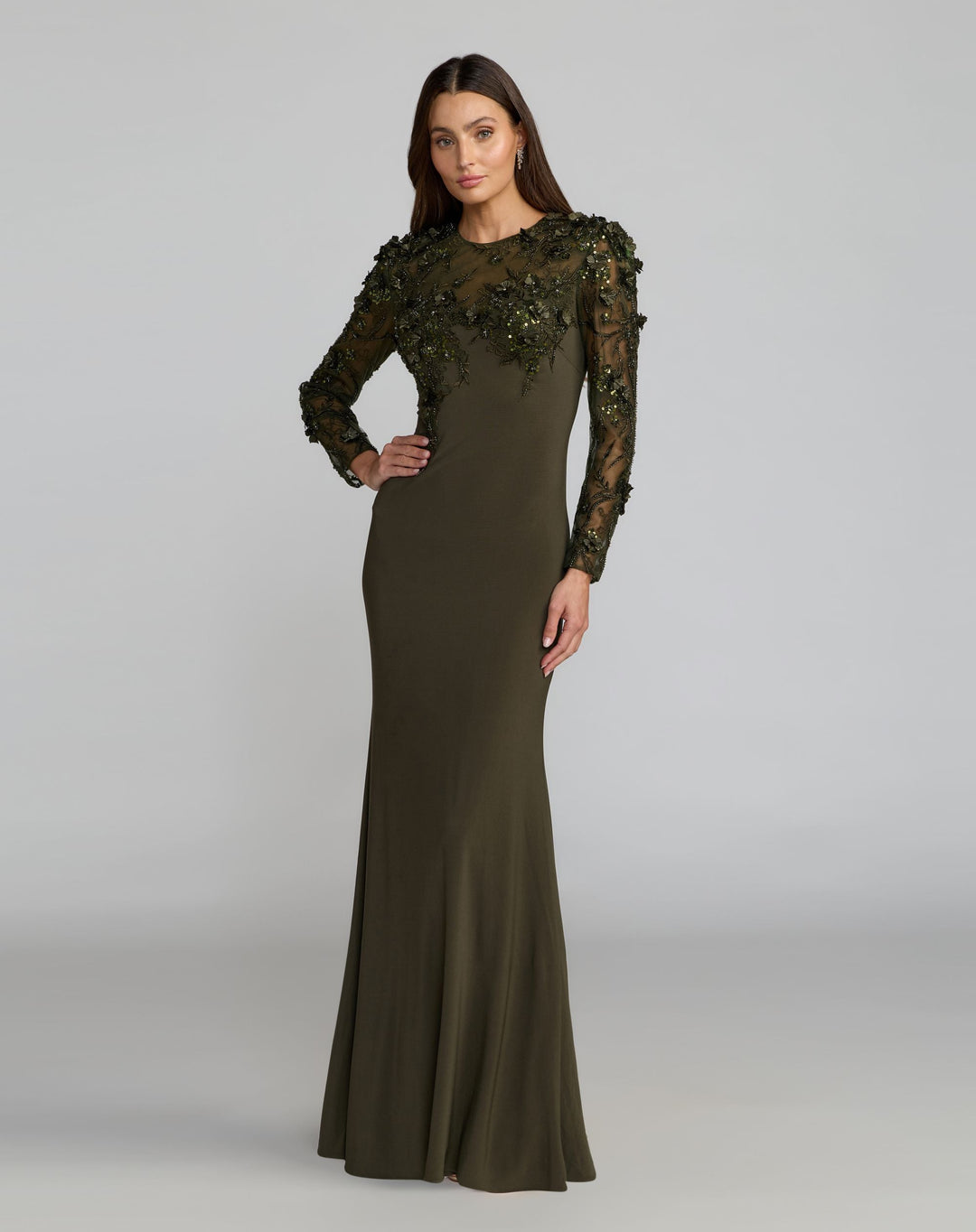 Mac Duggal 11841 Long Sleeve Floral Embellished Column Dress