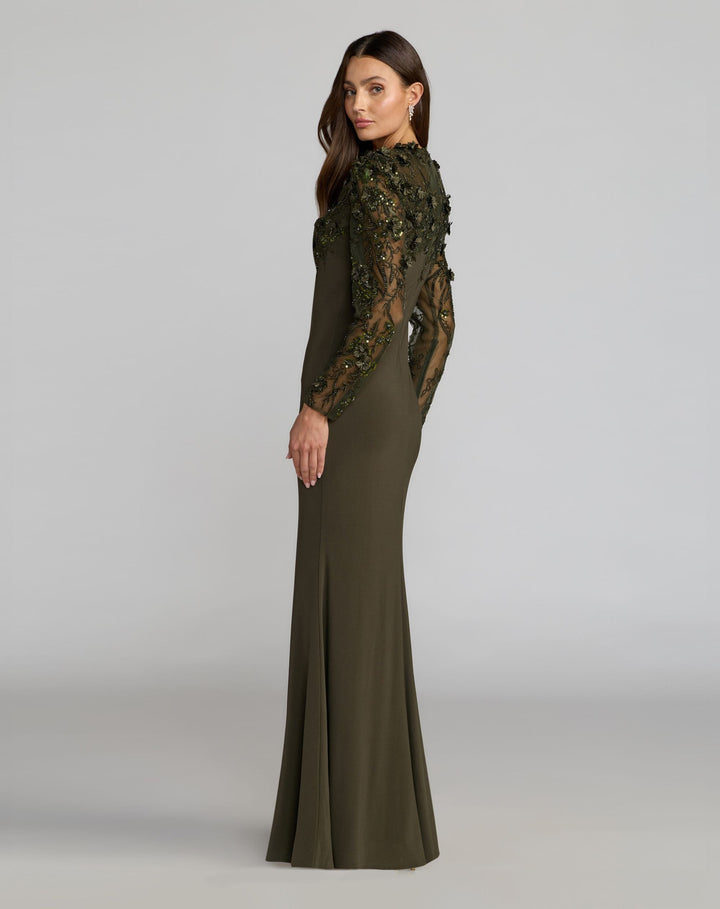 Mac Duggal 11841 Long Sleeve Floral Embellished Column Dress