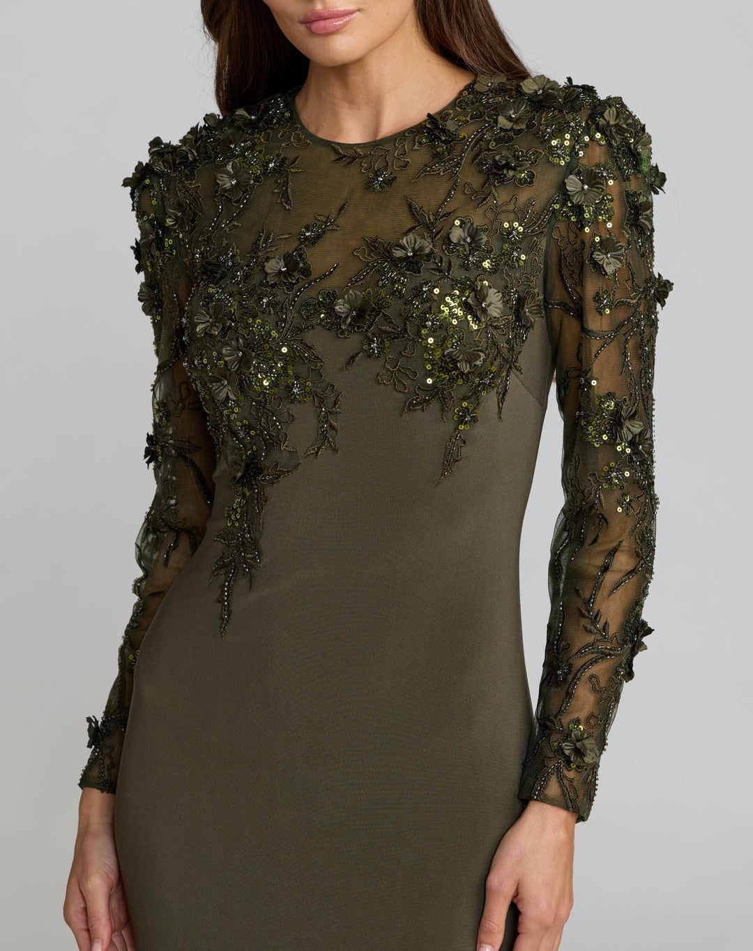 Mac Duggal 11841 Long Sleeve Floral Embellished Column Dress