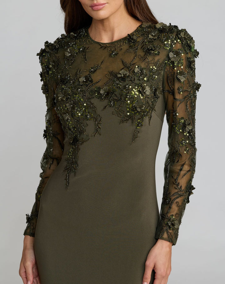 Mac Duggal 11841 Long Sleeve Floral Embellished Column Dress
