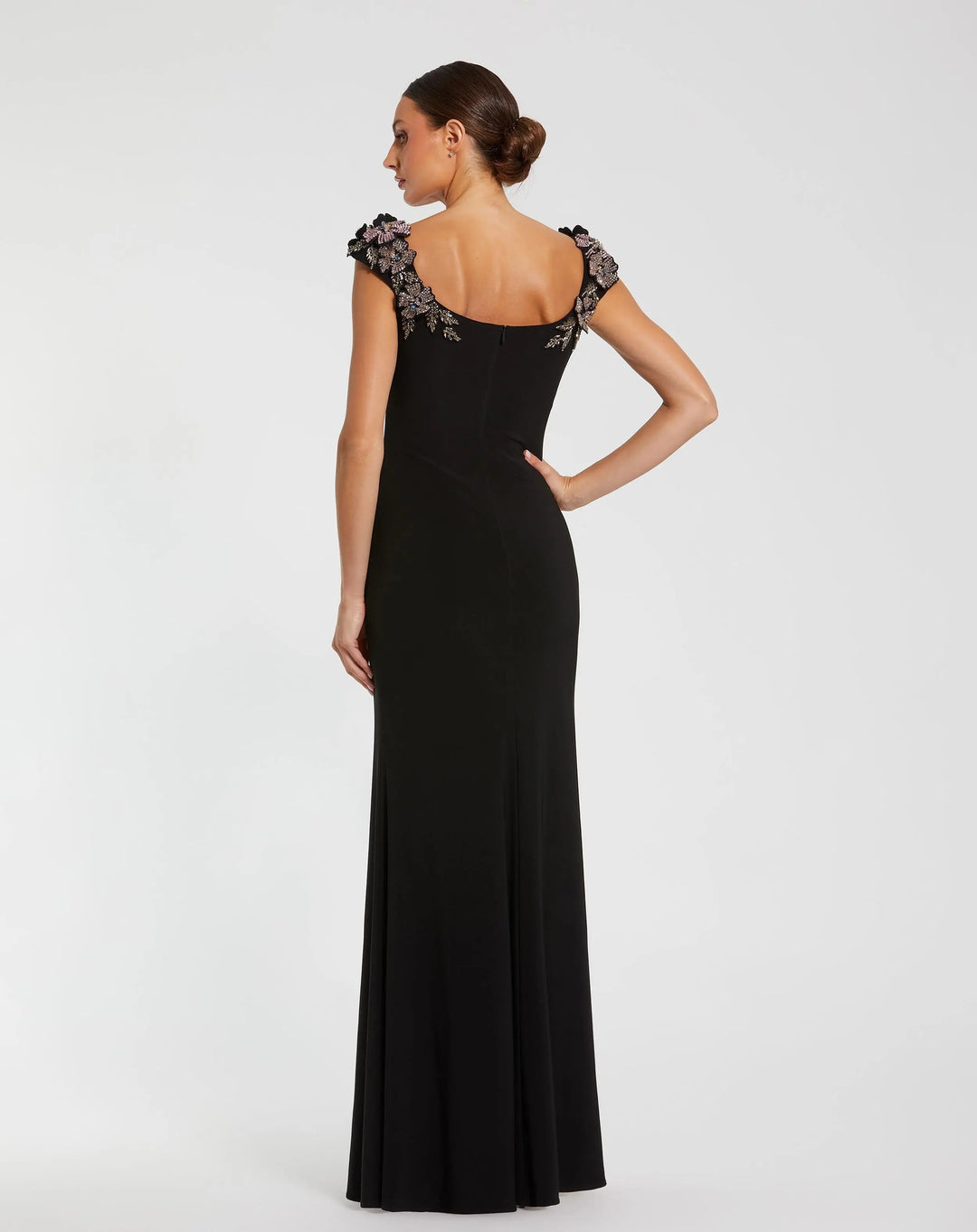 Mac Duggal 11842 Black Jersey Scoop Neck Gown with 3D Flower Details