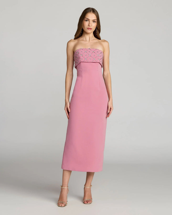 Pink Strapless Crepe Midi Dress With Rhinestone Detail - FOSTANI.com