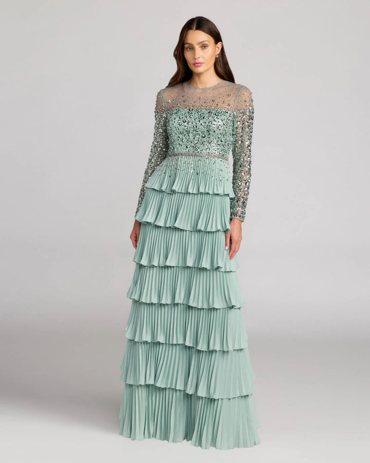 Mac Duggal 11903 Green Embellished Illusion Long Sleeve Ruffle Gown