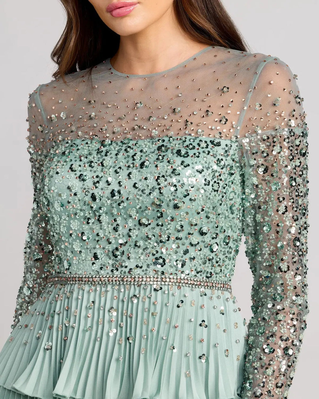 Mac Duggal 11903 Green Embellished Illusion Long Sleeve Ruffle Gown