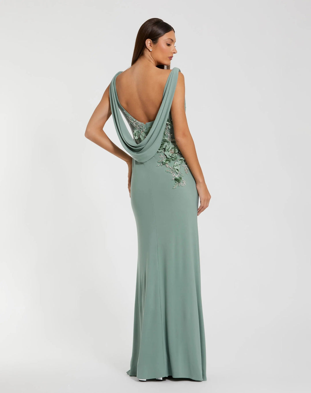 Green Sleeveless Jersey Cowl Neck Gown With Beading - FOSTANI.com