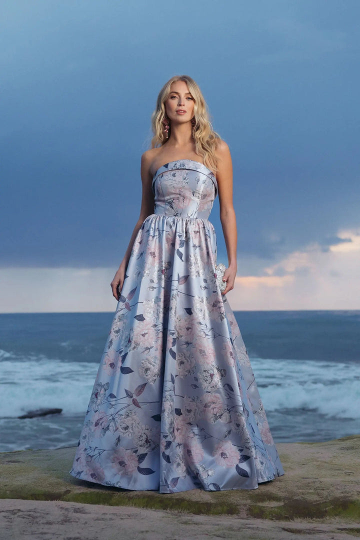 Blue Floral Brocade Strapless Ball Gown - FOSTANI.com
