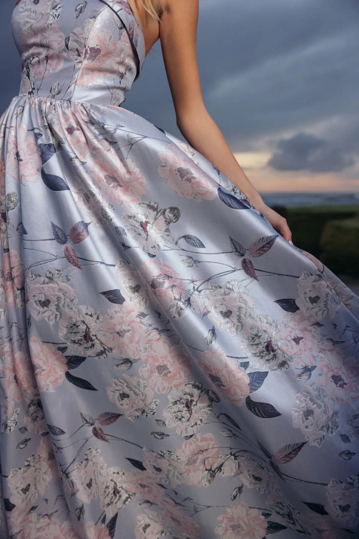Blue Floral Brocade Strapless Ball Gown - FOSTANI.com