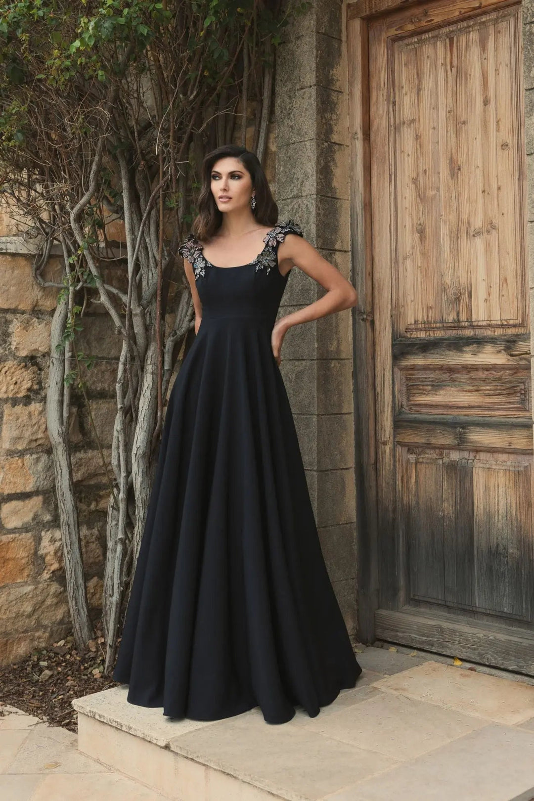 Mac Duggal 11949 Crepe Sleeveless Ballgown With Rhinestone Flowers