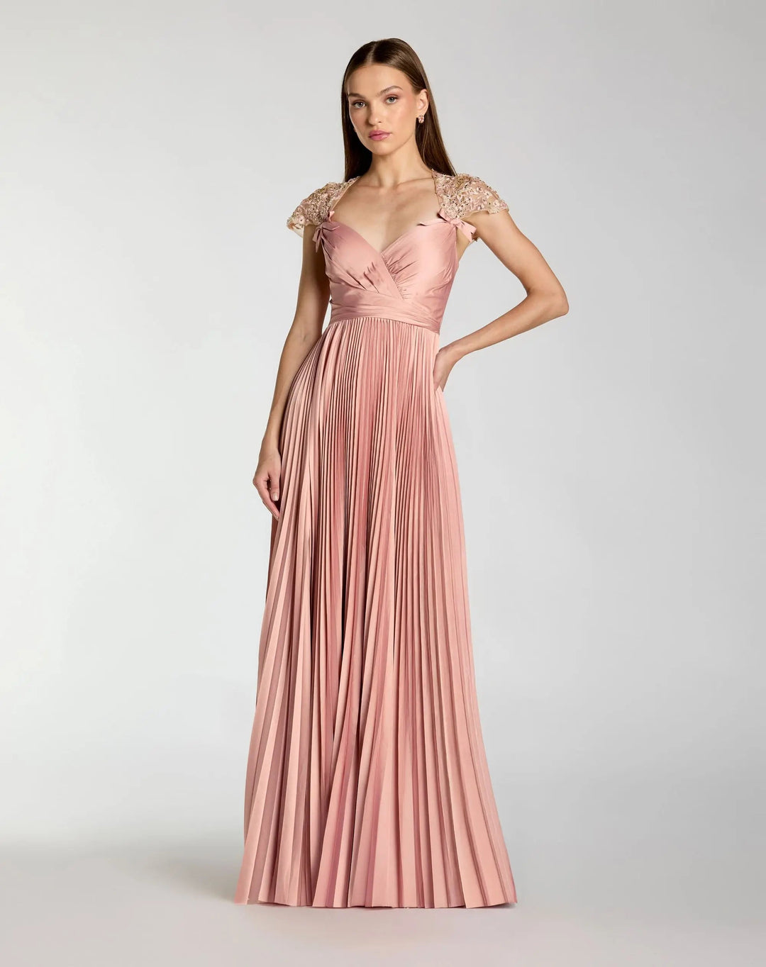 Pink Pleated Charmeuse Embellished Cap Sleeve Gown - FOSTANI.com