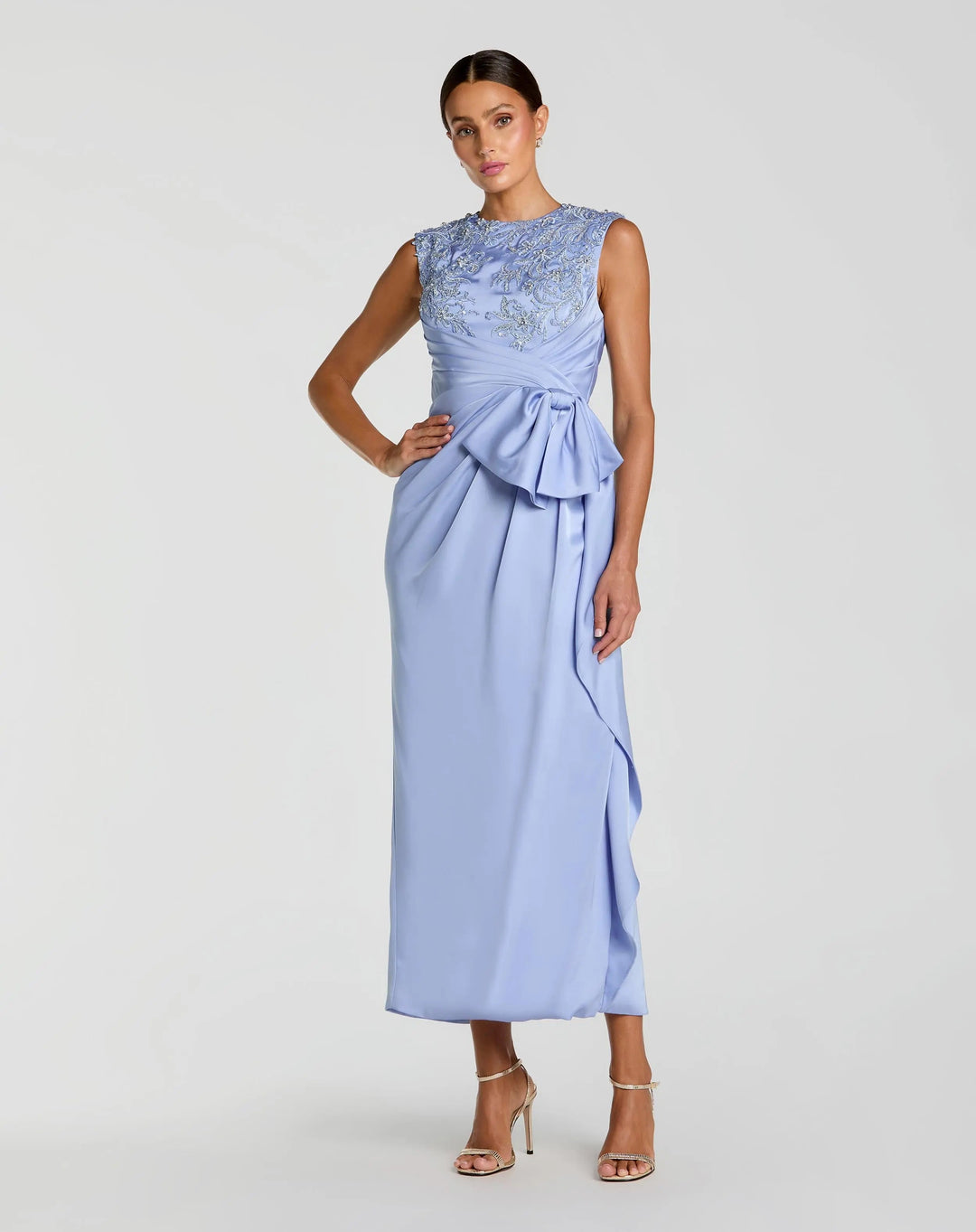 Blue Satin Beaded Embroidered Midi Dress With Bow - FOSTANI.com