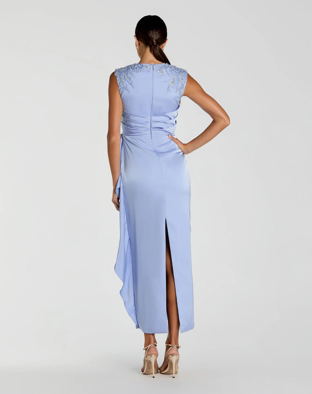 Blue Satin Beaded Embroidered Midi Dress With Bow - FOSTANI.com