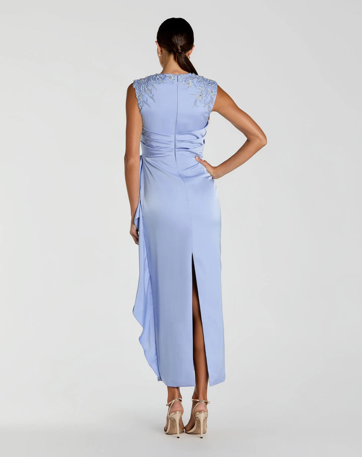 Blue Satin Beaded Embroidered Midi Dress With Bow - FOSTANI.com