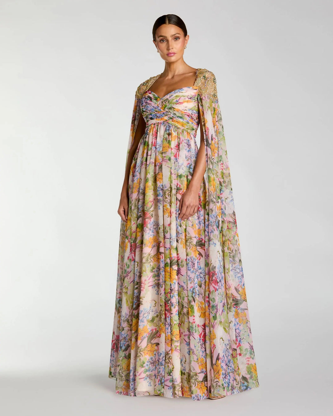 Multicolor Floral Gown With Beaded Cape Sleeves - FOSTANI.com