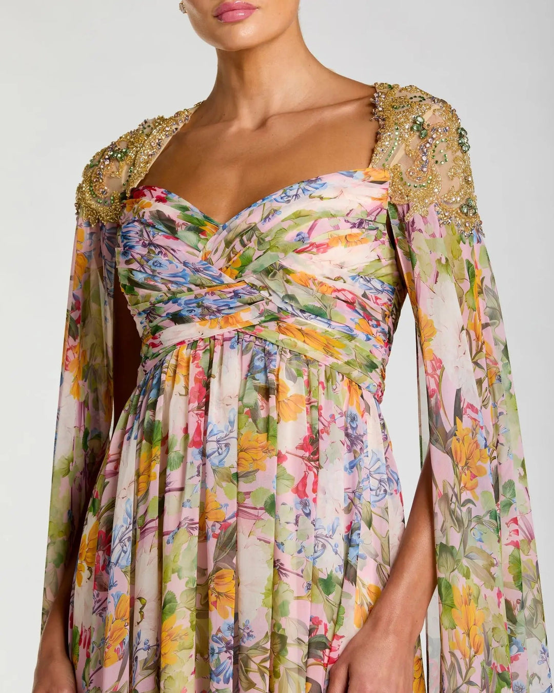Multicolor Floral Gown With Beaded Cape Sleeves - FOSTANI.com