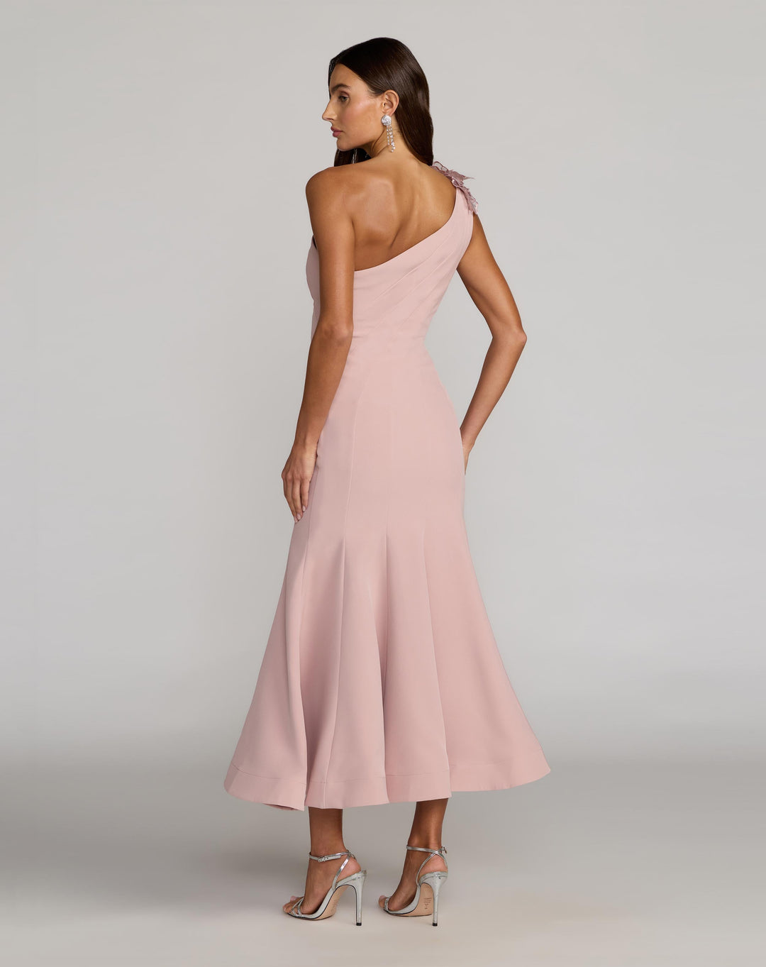 Pink One Shoulder Trumpet Midi Dress with 3D Flower - FOSTANI.com
