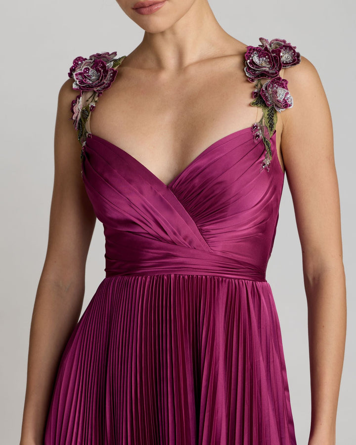 Mac Duggal 13263 Purple Pleated High Low Gown With 3D Floral Straps