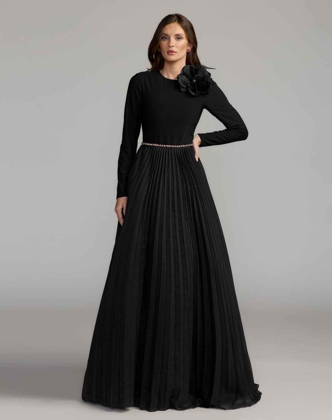 Mac Duggal 13276 Long Sleeve Pleated Organza Gown With 3D Flower
