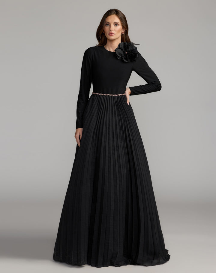 Mac Duggal 13276 Long Sleeve Pleated Organza Gown With 3D Flower