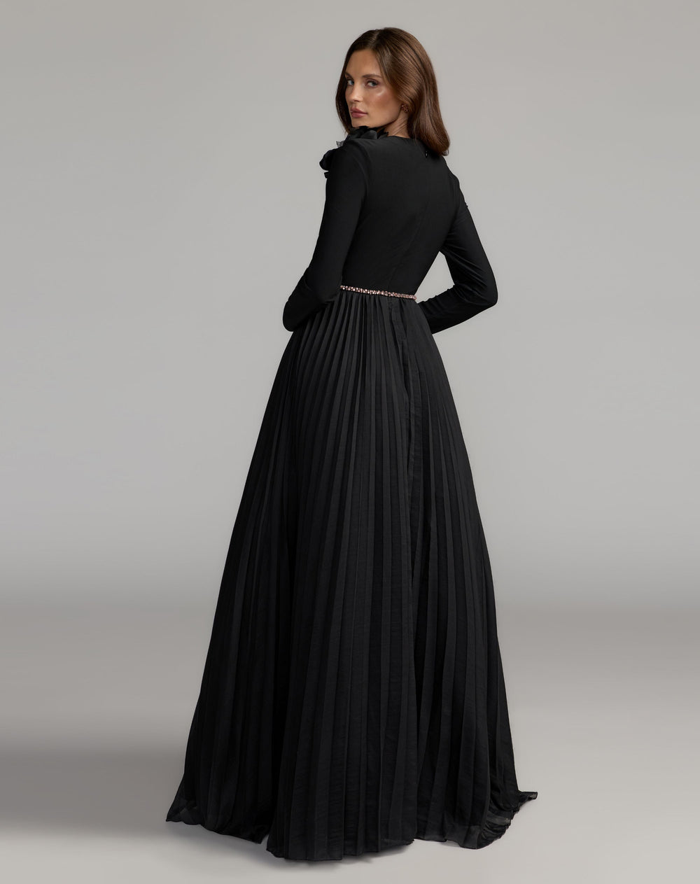 Mac Duggal 13276 Long Sleeve Pleated Organza Gown With 3D Flower