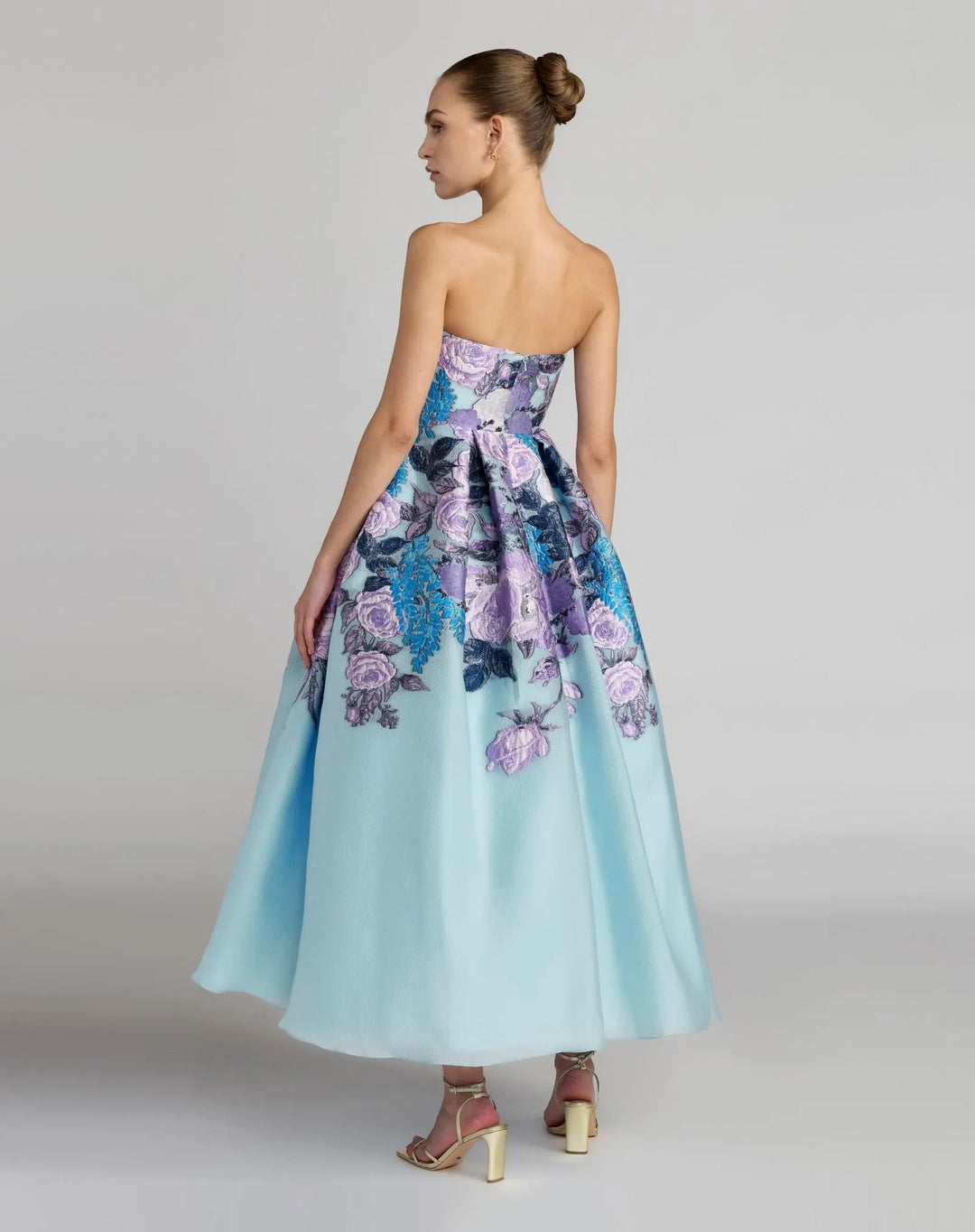 Blue Floral Embroidered Strapless Organza Midi Dress - FOSTANI.com