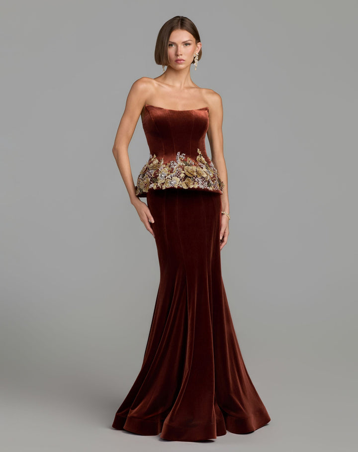 Mac Duggal 13315 Strapless Embellished Velvet Peplum Gown