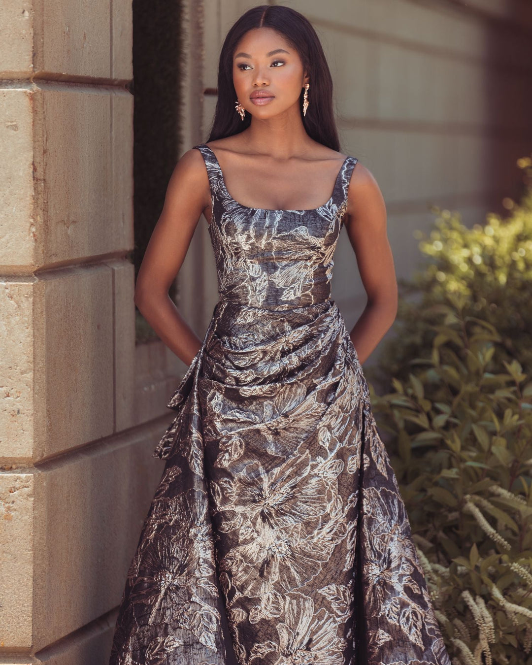 Mac Duggal 13381 Metallic Floral Brocade Gown with Overskirt