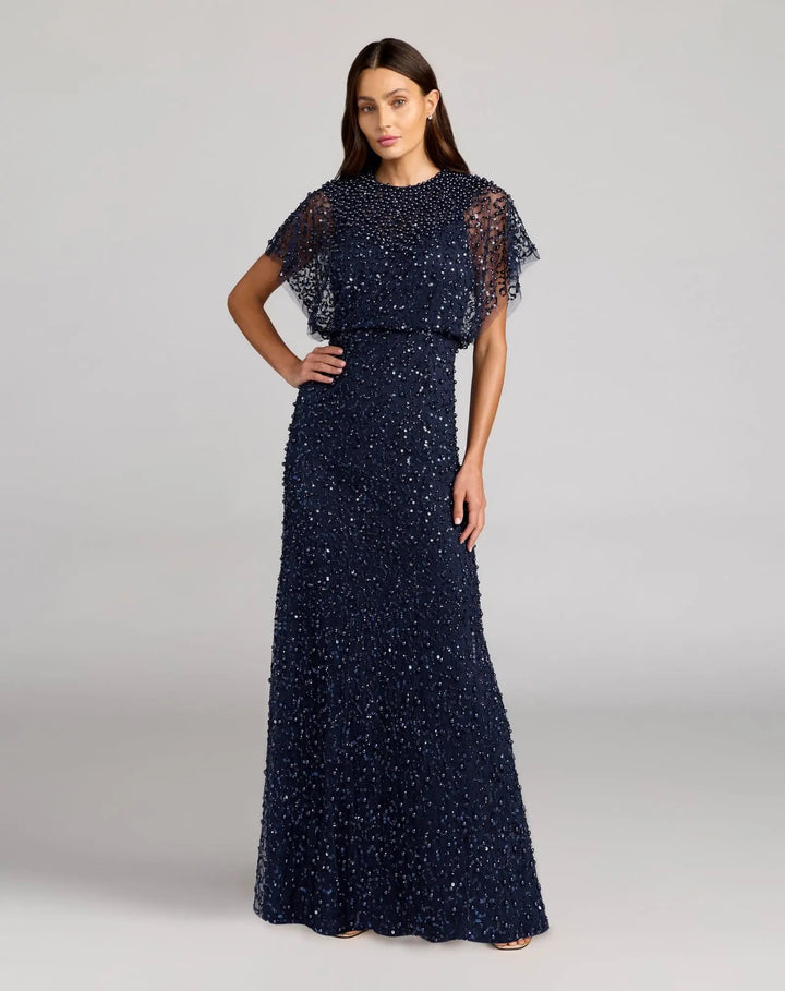 Mac Duggal 14523 Navy High Neck Short Sleeve Embellished Gown - FOSTANI.com
