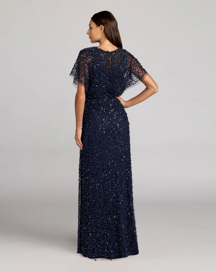 Mac Duggal 14523 Navy High Neck Short Sleeve Embellished Gown - FOSTANI.com