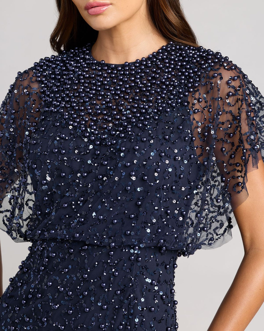 Mac Duggal 14523 Navy High Neck Short Sleeve Embellished Gown - FOSTANI.com
