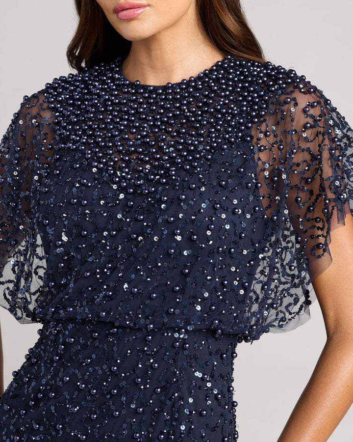 Mac Duggal 14523 Navy High Neck Short Sleeve Embellished Gown - FOSTANI.com
