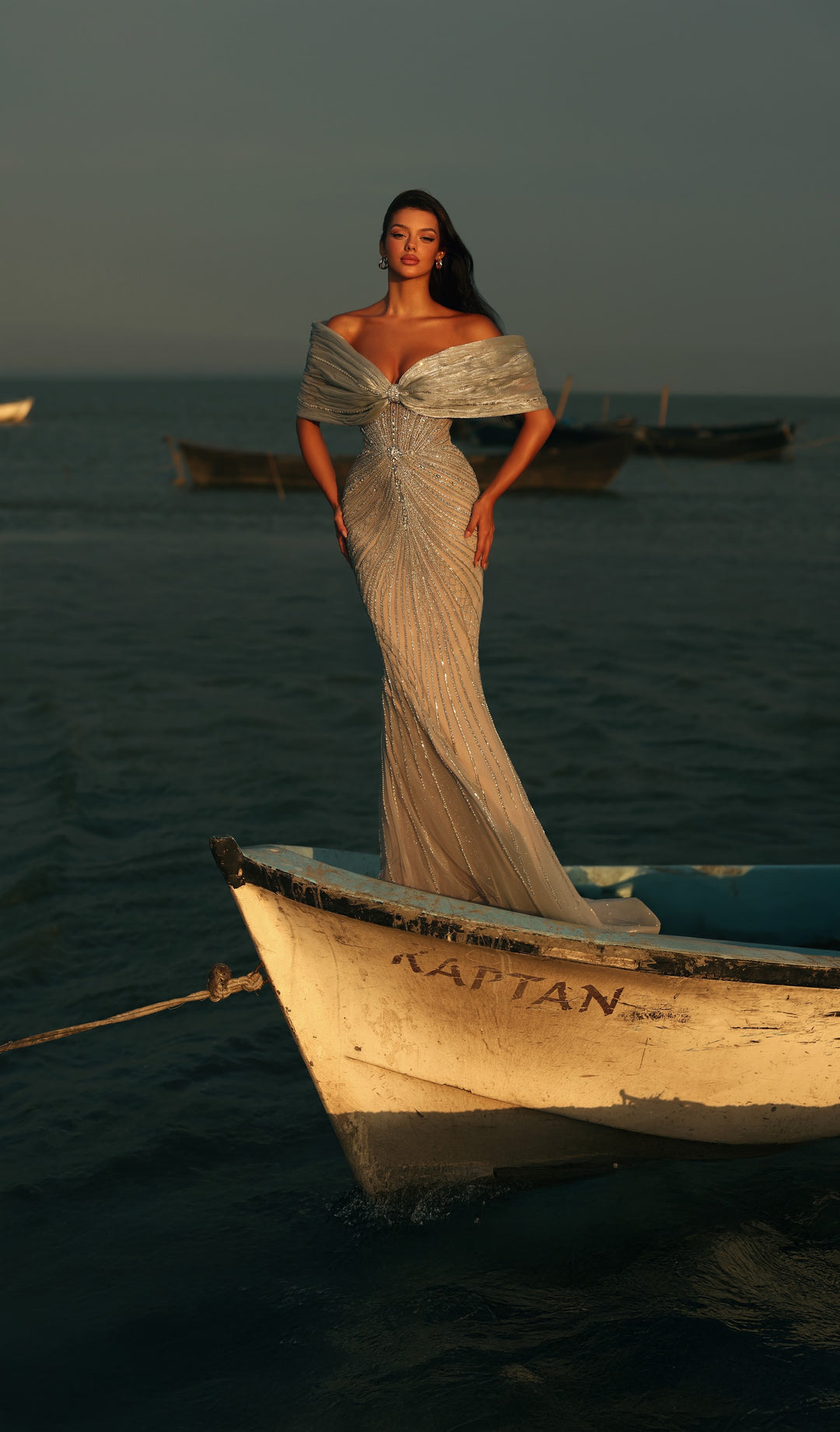 Delilah LD11576 Off-the-Shoulder Bow Collar Beaded Mermaid Gown - Grey front view