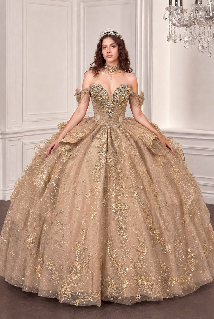 Ladivine 15743 mocha gold quinceañera ball gown, front view
