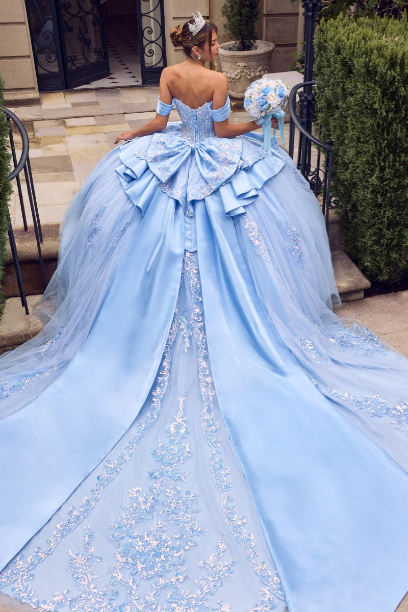 Ladivine 15745 ball gown in light blue with train, back view