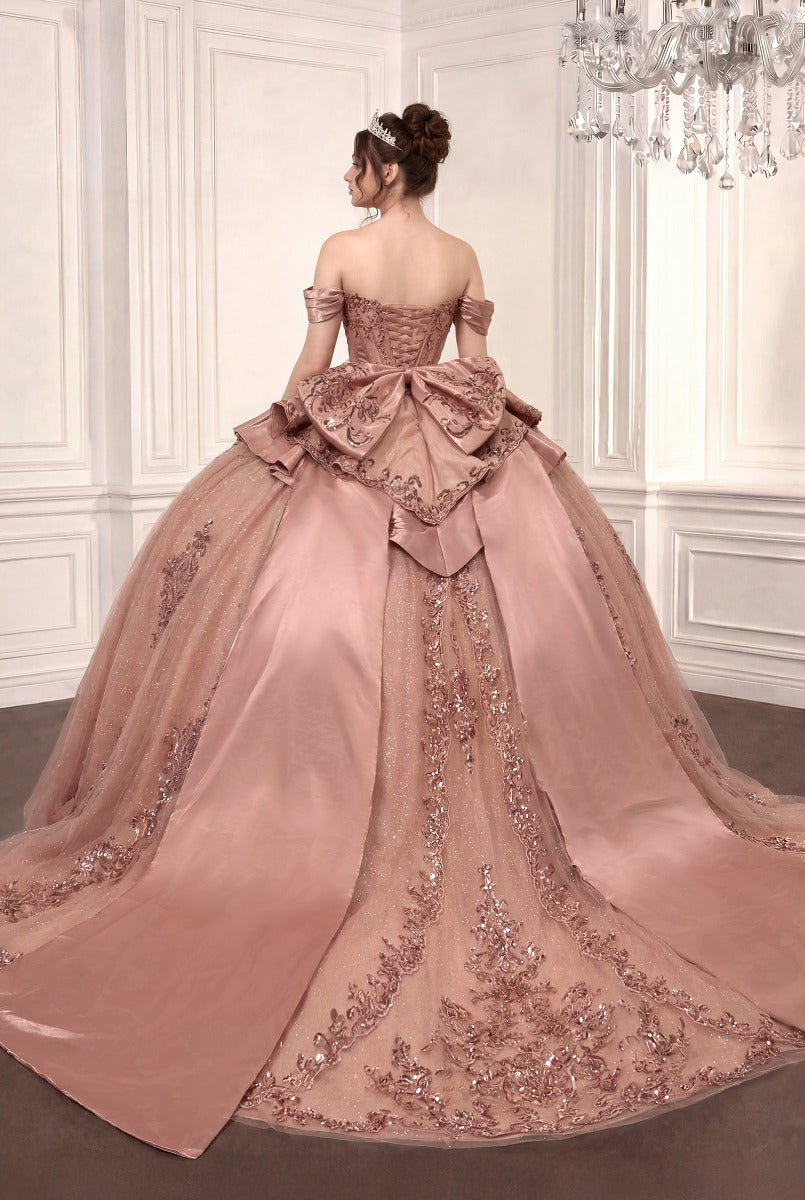 Ladivine 15745 ball gown in rose with lace-up corset back and train, back view