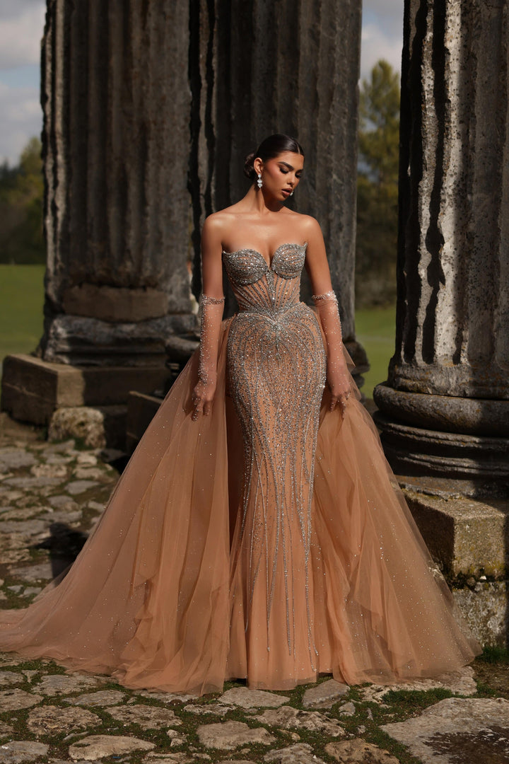Delilah LD11481 Strapless Sweetheart Beaded Corset Sheath Gown with Ruffled Sparkle Overskirt - Champagne front view