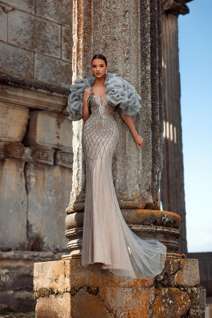 Delilah LD11466 Strapless Plunging Sweetheart Crystal Lattice Mermaid Gown with Ruffled Arm Puffs - Grey front view