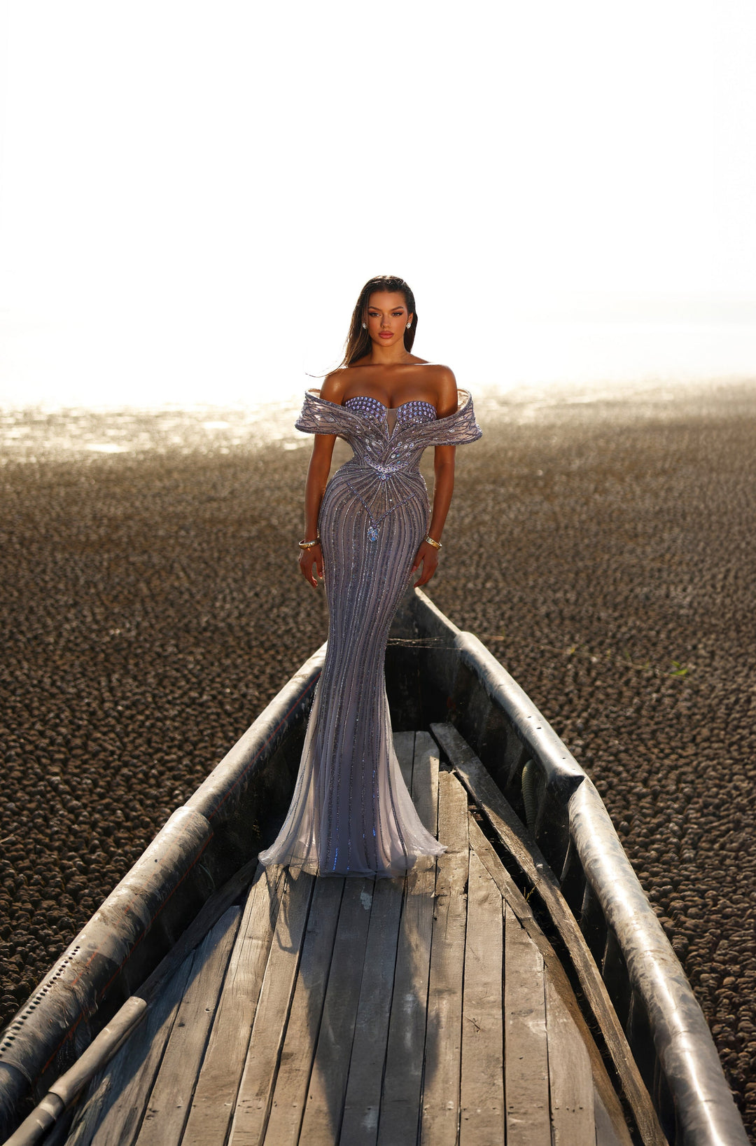Delilah LD11591 Off-the-Shoulder Folded Band Sweetheart Beaded Corset Mermaid Gown - Purple front view