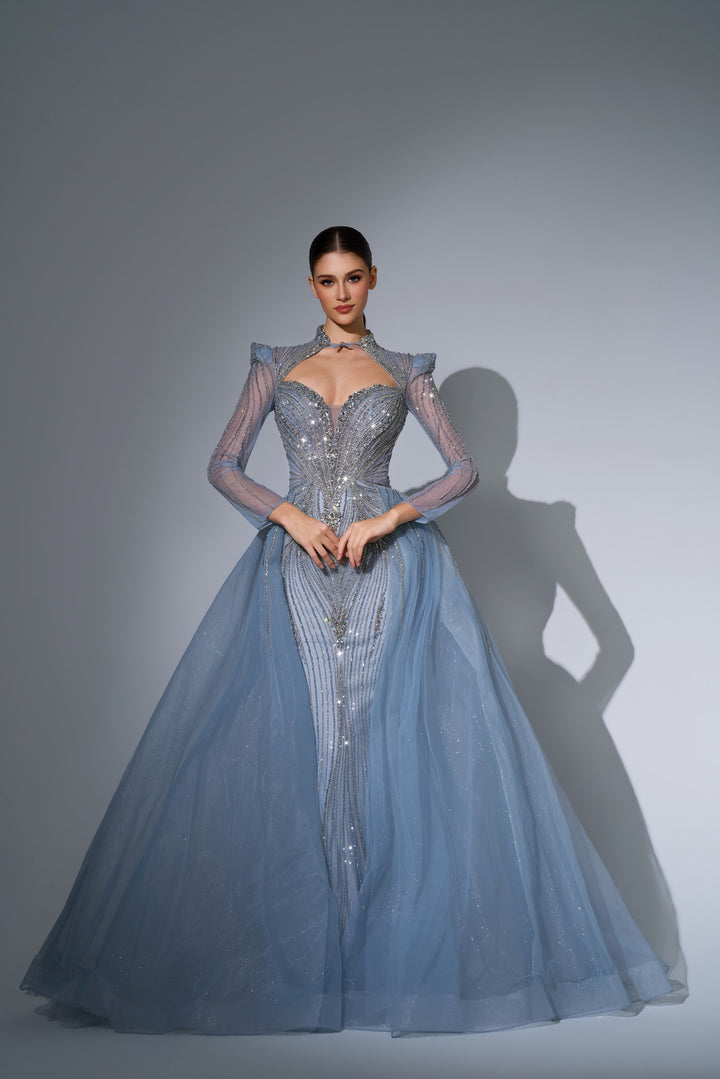 Delilah LD11650 High Collar Long Sleeve Crystal Sheath Gown with Tulle Overskirt - Grey front view