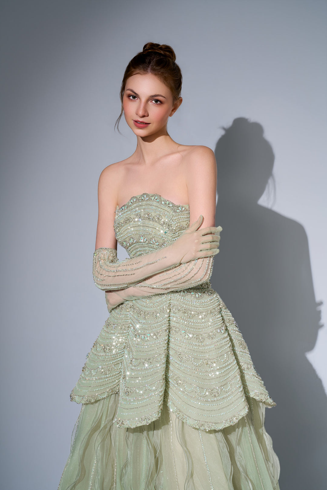 Delilah SH12091 Strapless Beaded Tiered Peplum Ball Gown with Ruffled Tulle Skirt - Mint close-up view