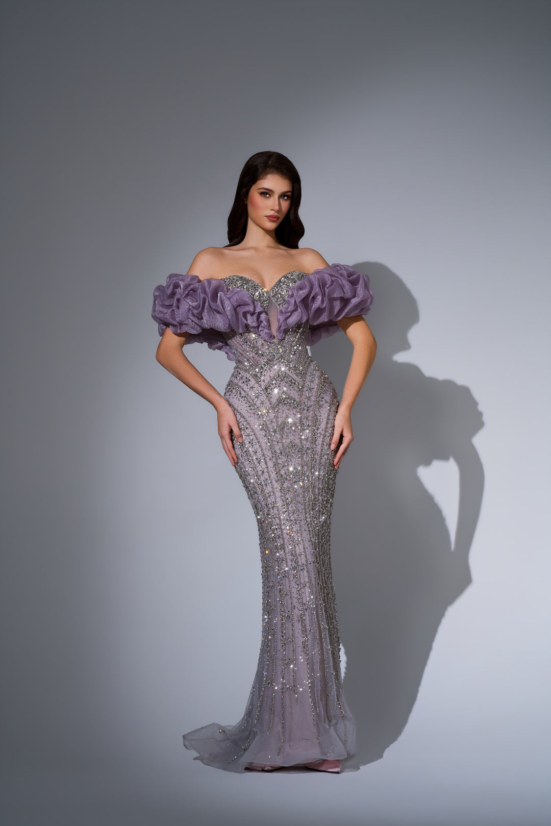 Delilah LD23025 Off-the-Shoulder Ruffle Crystal Beaded Mermaid Gown - P.Grey front view
