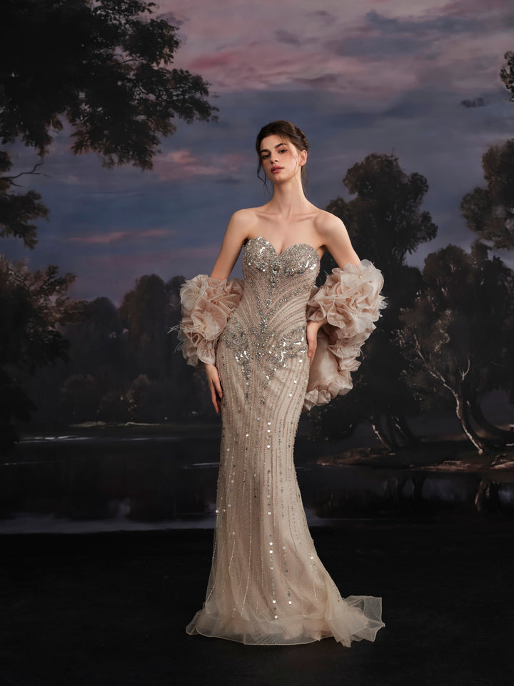 Delilah SH12061 Strapless Crystal Corset Mermaid Gown with Ruffled Feather Arm Wrap - Champagne front view