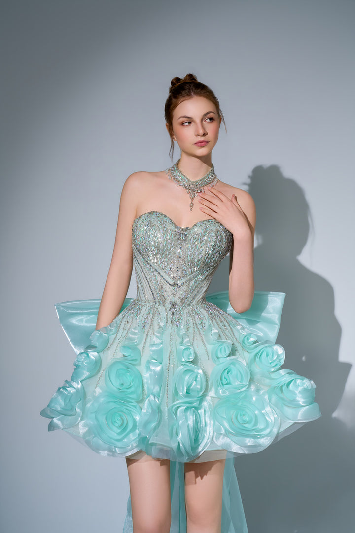 Delilah SH12068 Mini Strapless Crystal Corset Rosette Mini Dress with Bow Train - Mint close-up view