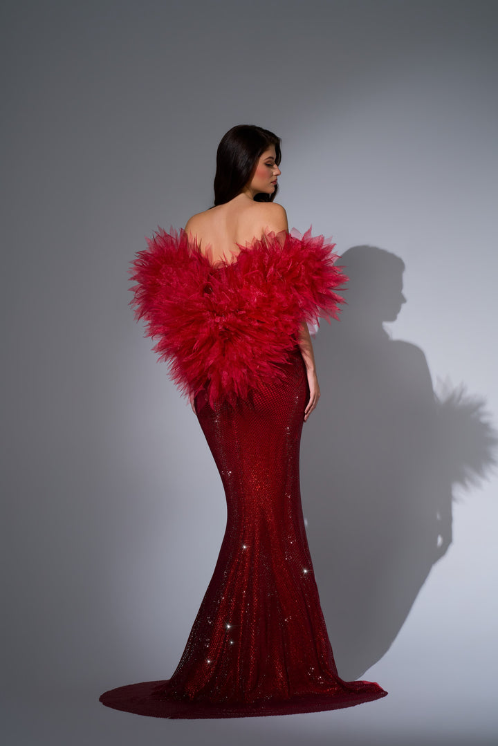 Delilah LD12101 Strapless Crystal Embroidered Mermaid Gown with Feather Arm Wrap - Red back view