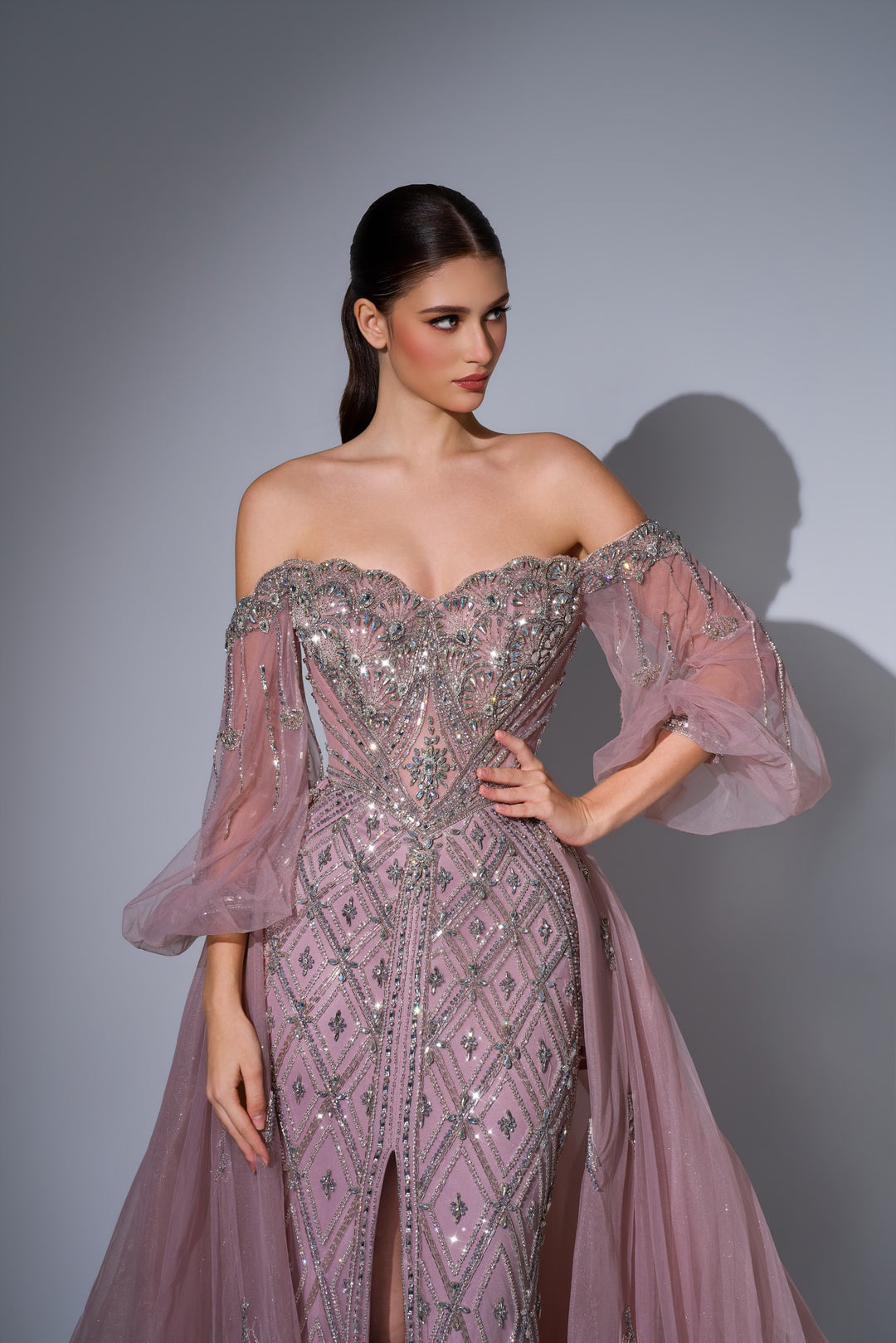 Delilah LD11622 Off-the-Shoulder Puff Sleeve Lattice Beaded Mermaid Gown with Tulle Overskirt - Pink close-up view
