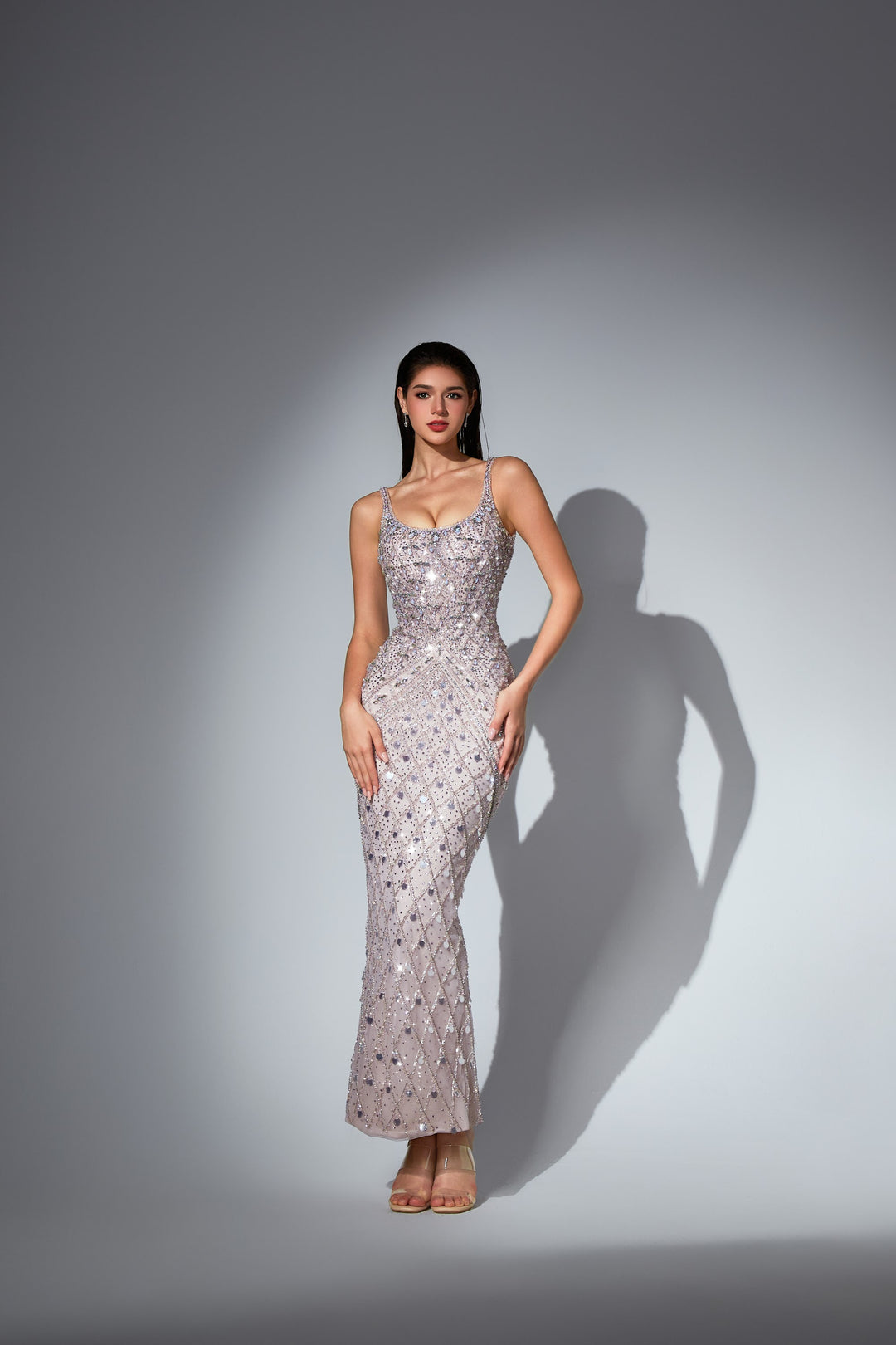Delilah SH11590 Mirror Crystal Embellished Column Gown with Wide Straps - Pink front view