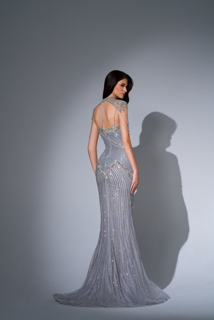 Delilah LD11681 High Neck Heart Keyhole Crystal Fringe Mermaid Gown - Silver back view